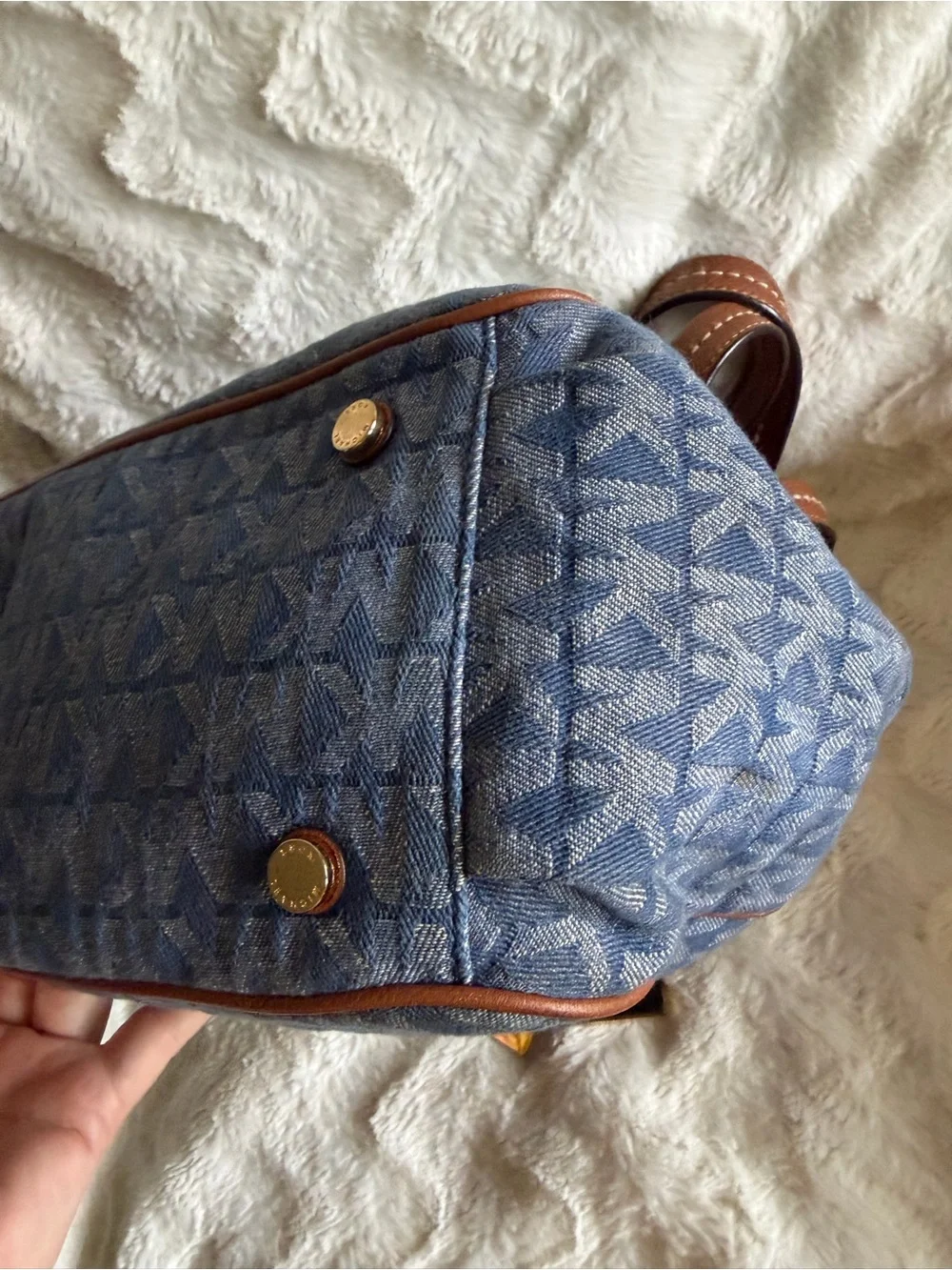 Like New! Michael Kors Denim MK Logo Shoulder Bag with Brown Leather Trim